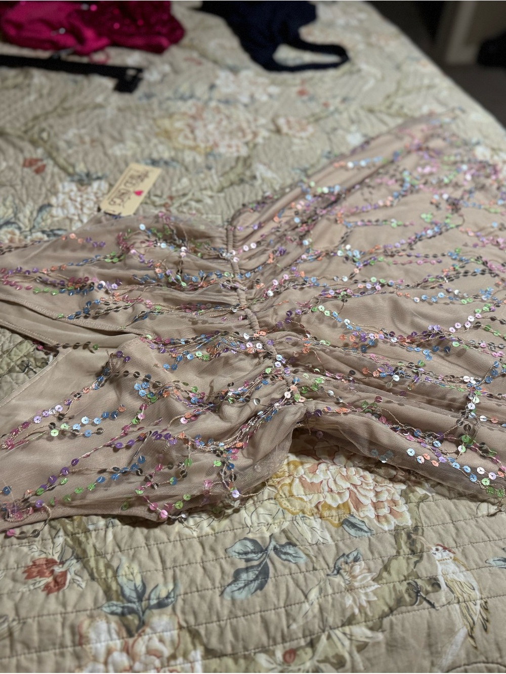 Beige Sequin-Embellished Tulle Formal Dress
